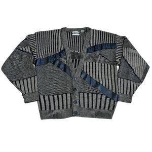 Vintage 90s Marquis Cardigan Sweater Patchwork Leather Grandpa Grunge XL Korea